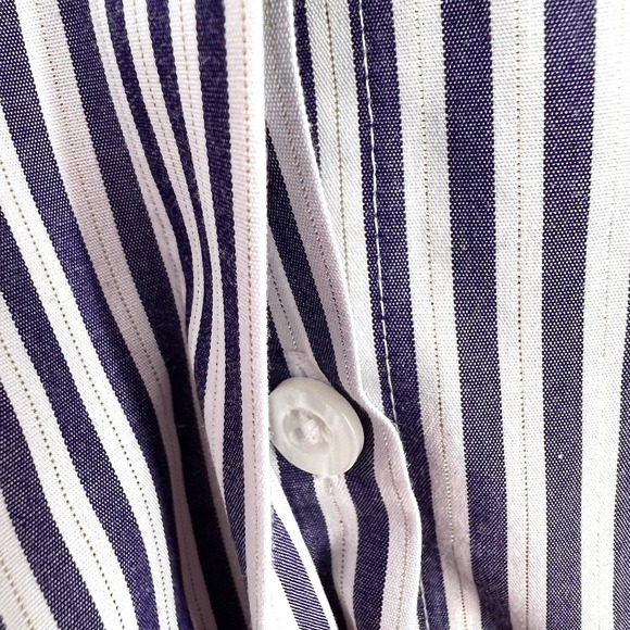 Chicos Sz 2 Large Gold Pin Stripe Metallic Blue Blouse Shirt Top Formal Dinner - Picture 6 of 10